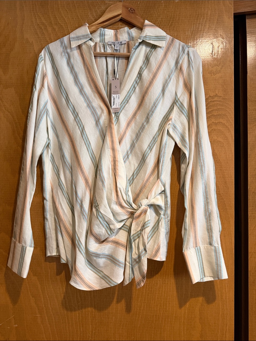 NIC+ZOE Cream Button-Down Wrap Blouse with Peach & Mint Stripes
